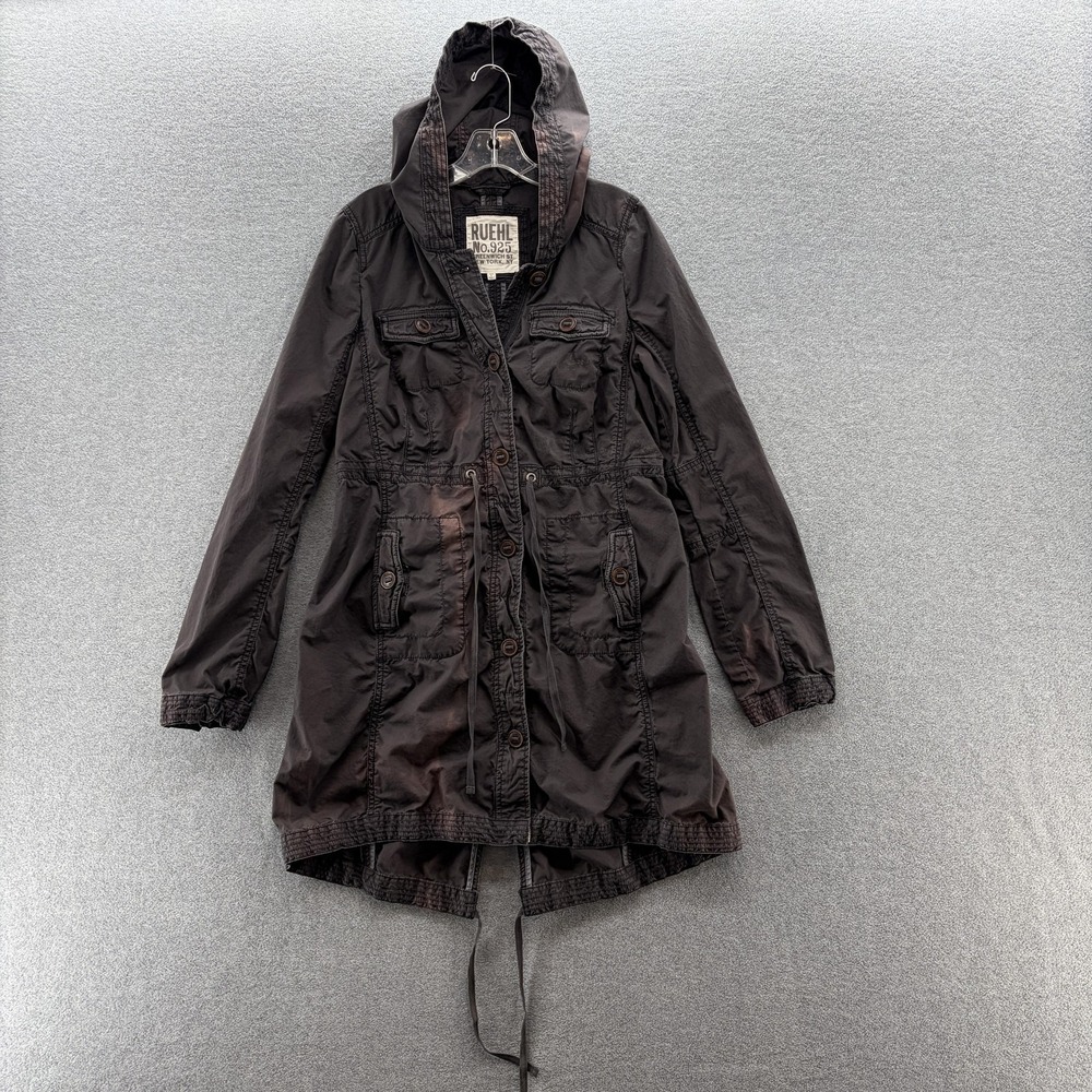 Ruehl No 925 Jacket Women Large Brown Hooded Cotton Twill Pockets Utility FLAWS